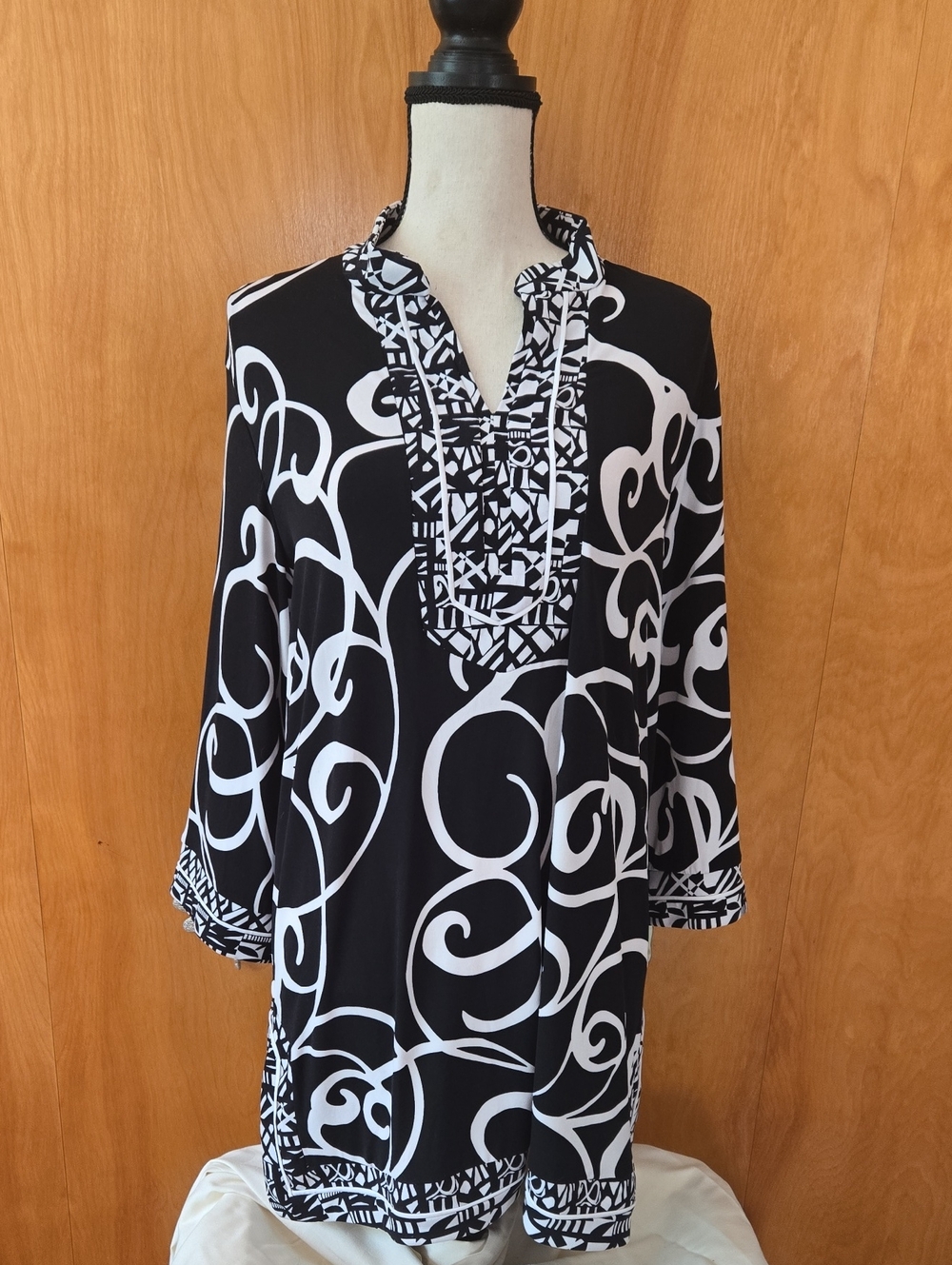 Style & Co. Black and White Scroll-Print Tunic with Patterned Placket